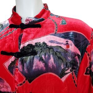 Aris A Womens XL Velvet Top Asian Crane Stand Collar Silk Knot Kimono Boho Artsy